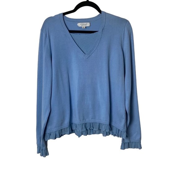 Emanuel Ungaro Women Sz XL Silk Blend Ruffle Sleeve Hem V Neck Blue Sweater - Picture 1 of 11